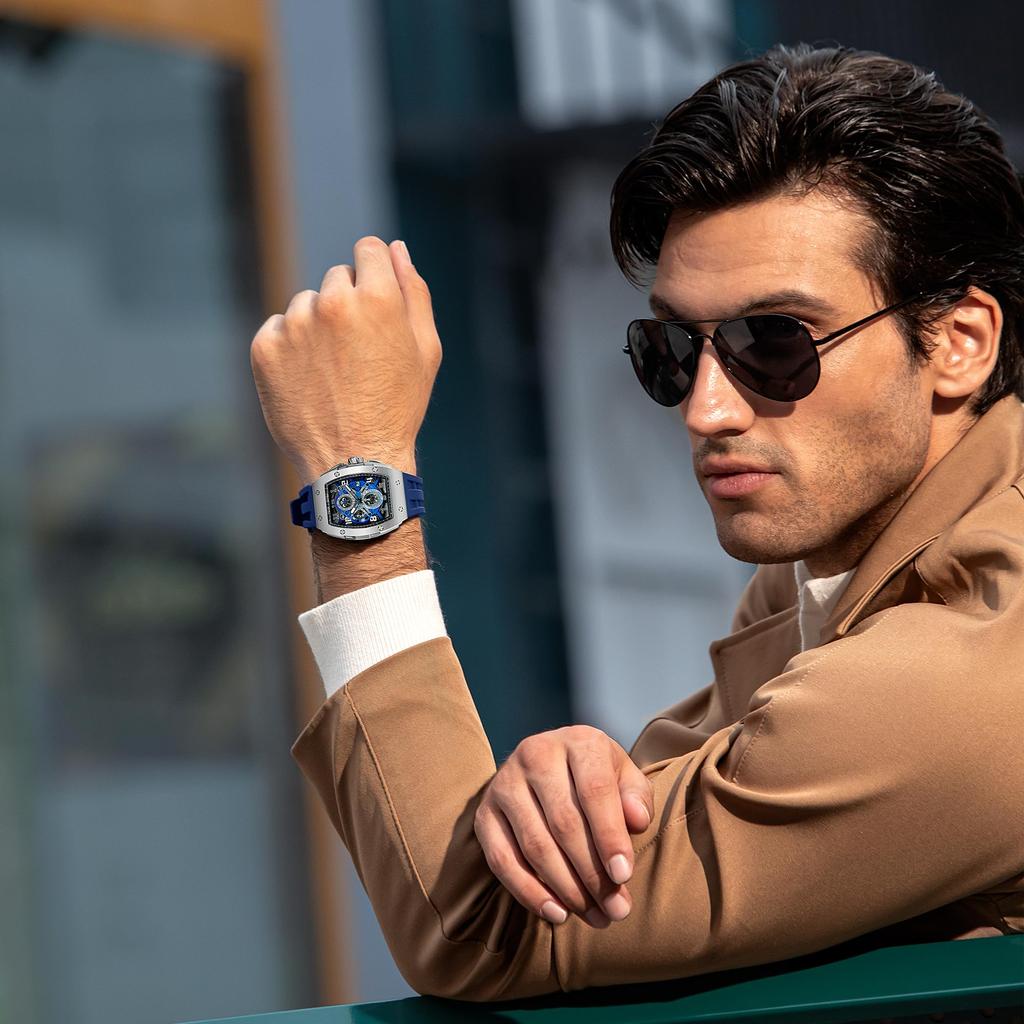 TSAR BOMBA Men's Watch 50M Water-Resistant Tonneau Dial Luxury Sapphire Crystal Silicone Strap