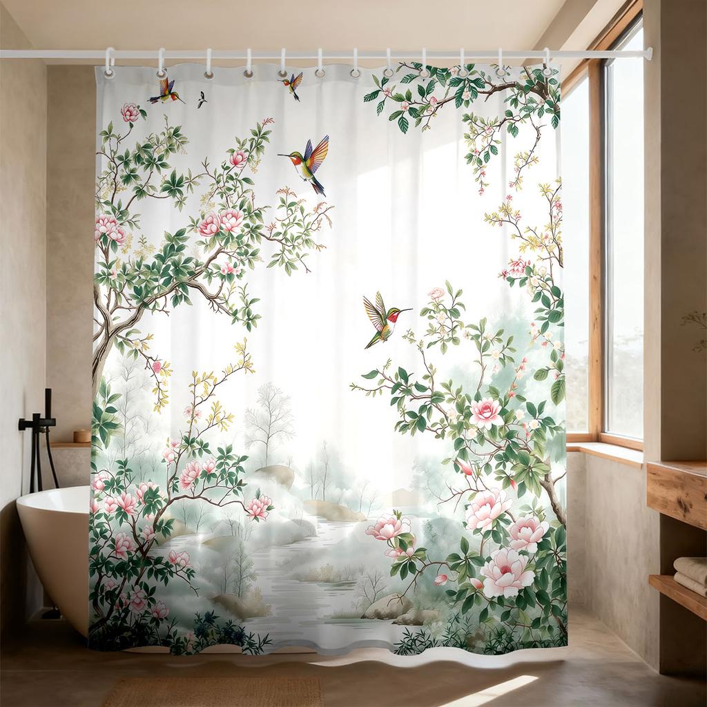 1Pc Hummingbird Flower Printed Waterproof Bathroom Partition Privacy Shower Curtain 12 Hooks Multiple Sizes Machine Washable