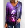 2025 Halloween Women's T-Shirts Graphic Skull Elegant Vintage Tee Long Sleeve T-shirts V-Neck Regular Tops Casual Pullover Fall