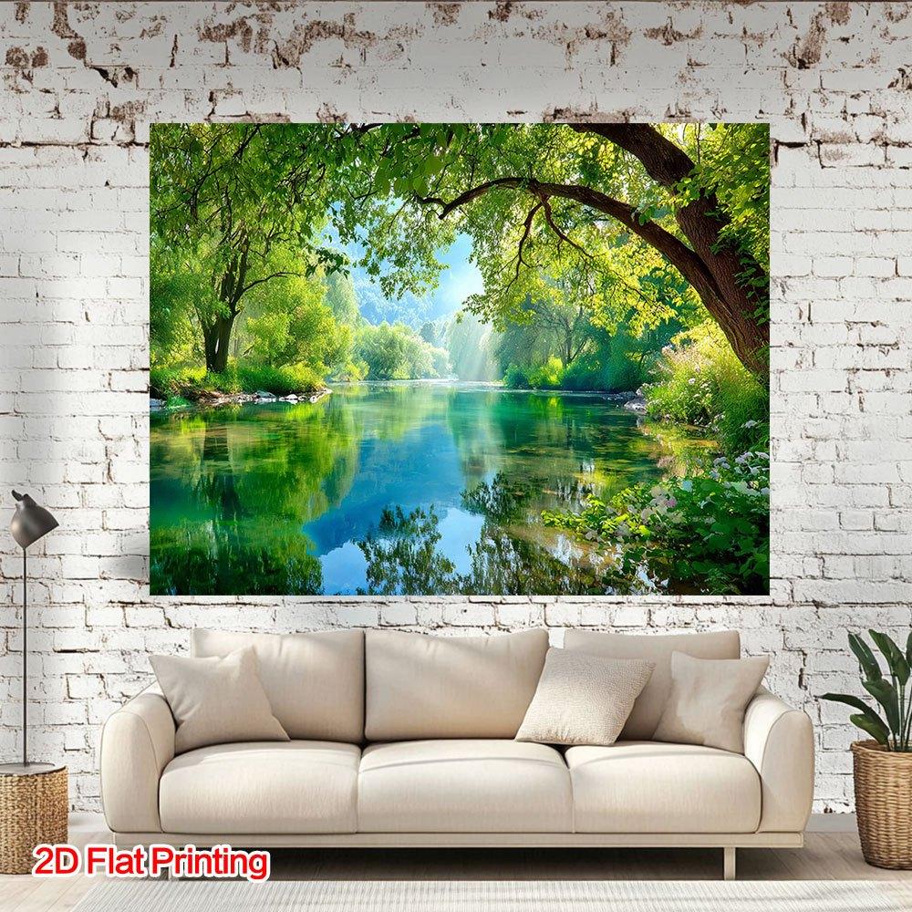 One 2D Flat-print Background Cloth Depicting a Serene Lake Scene Made of Polyester Fabric. Suitable for Home and Garden Use.