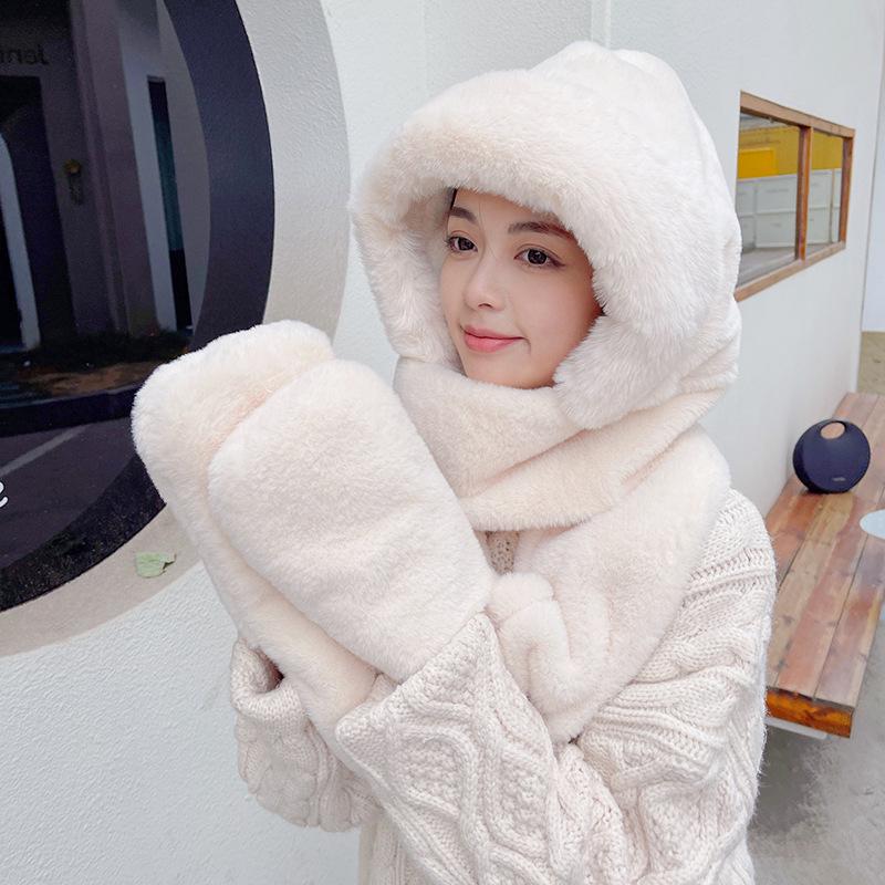 

Женский зимний комплект из шапки и шарфа: Теплый, толстый плюш, устойчивый к холоду, с перчатками для велоспорта.