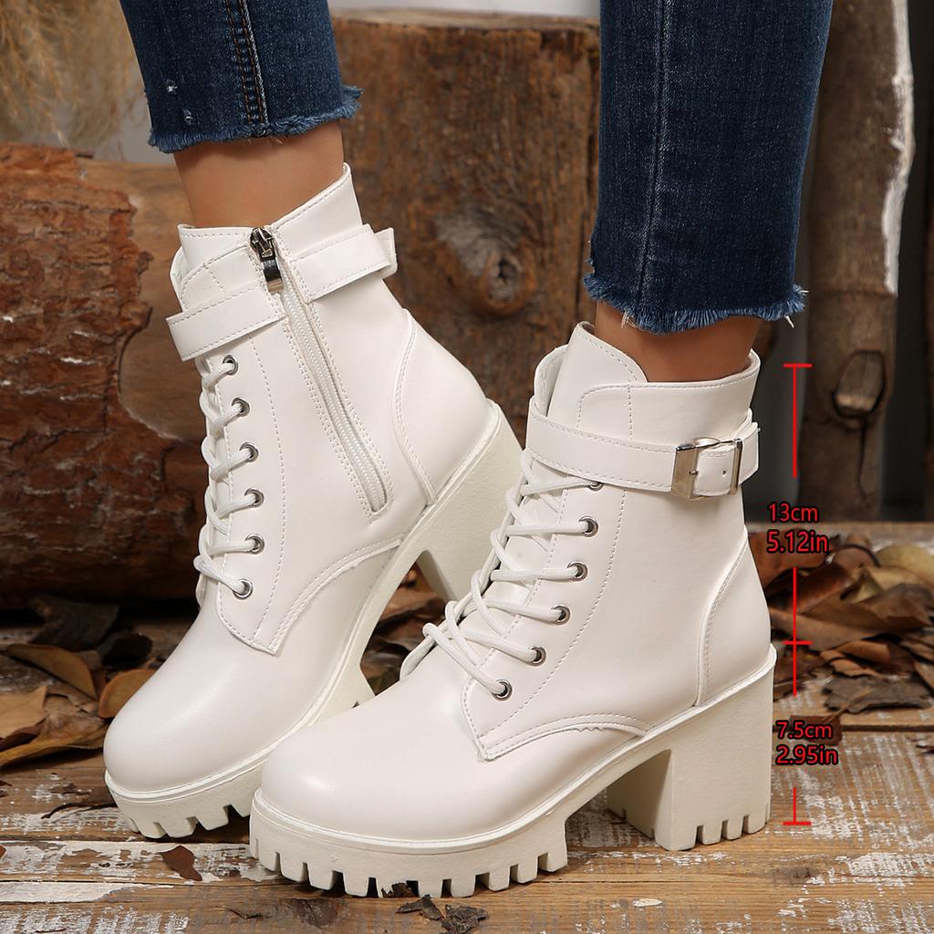 2025 autumn and winter new short boots belt buckle platform lace-up Martin boots women's British style thick heel boots women's shoes