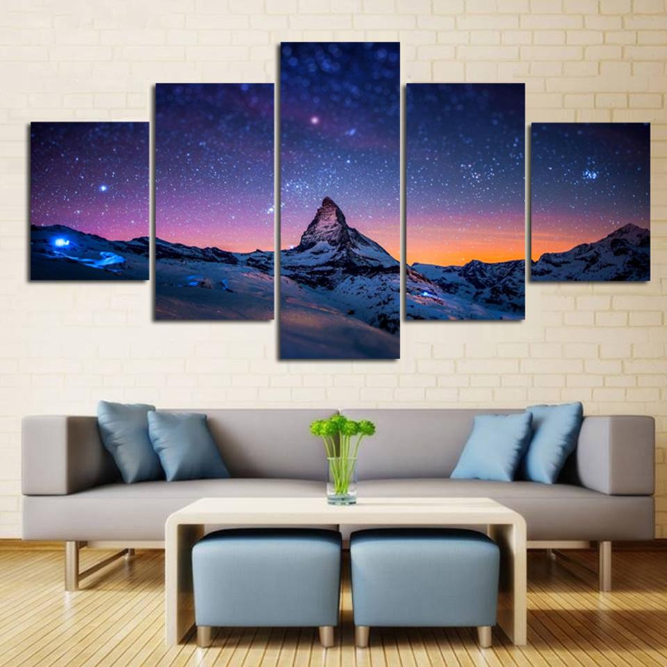 Canvas HD Prints Poster Home Decor 5 Panels Starry Night Sky Over Mountains Painting Modular Living Room Wall Art Picture Frame No Frame