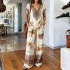 2026 Summer Lazy Vacation Style Two-piece Set Personalized Printed Retro V-neck Top Drape Loose Wide-leg Pants Women's Clothing