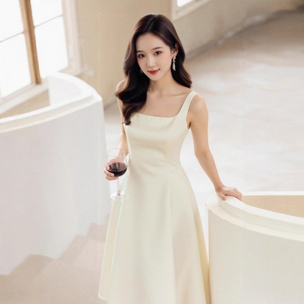 French high-end temperament satin champagne suspender skirt women summer birthday party wedding certificate dress dress women