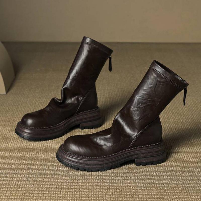 New versatile women's knight boots solid color leather rear zipper rubber platform heel round head autumn and winter mid-tube boots
