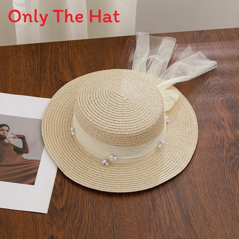 French Lace Pearl Bow Wide Brim Straw Hat For Summer Beach Sun Protection