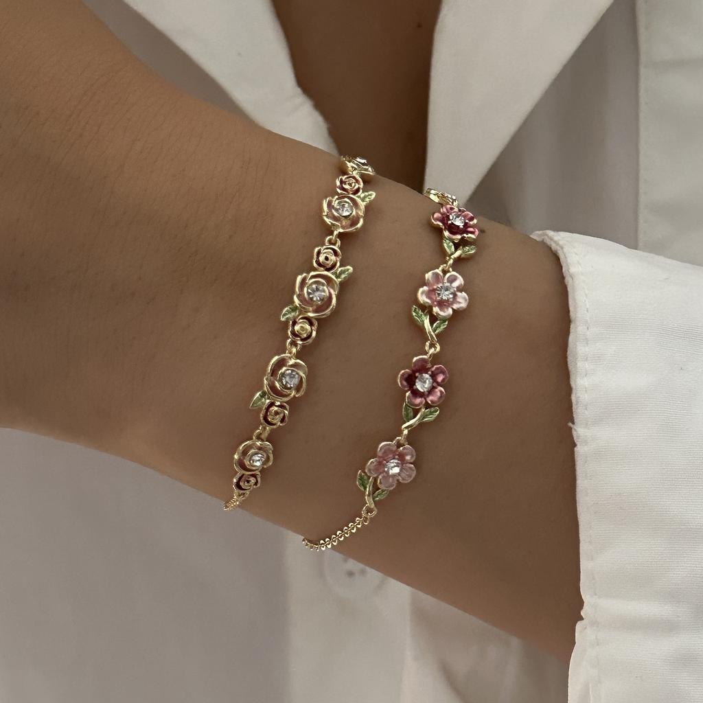 Boho Vintage Colorful Enamel Flower Bracelet For Women Gold Plated Crystal Zircon Hollow Floral Bangle Party Wedding Jewelry