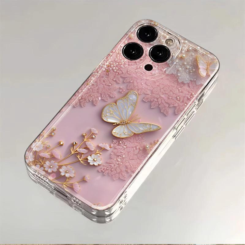 Pink Lace Butterfly Design Clear Phone Case For iPhone 17 16 15 14 Pro Max 13 12 11 XS X XR 7 8 Plus 16e 17 Air Soft TPU Cover