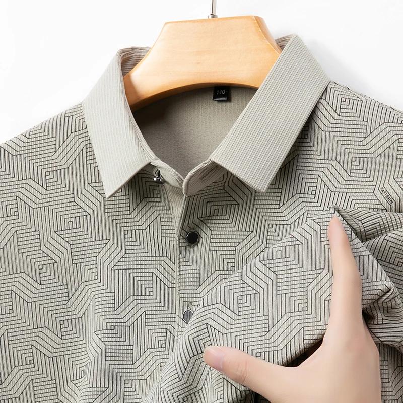 Nová pánská business casual košile s dlouhým rukávem s odznakem, jednobarevné polo tričko, módní, prodyšný, pohodlný, všestranný top