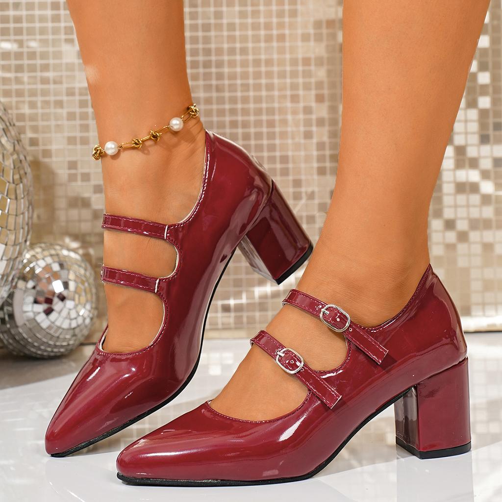 Women Pumps High Quality Patent Leather High Heels Shoe Double Buckle High Heels Single Shoes Chunky Heels Women Mary Jane Shoes