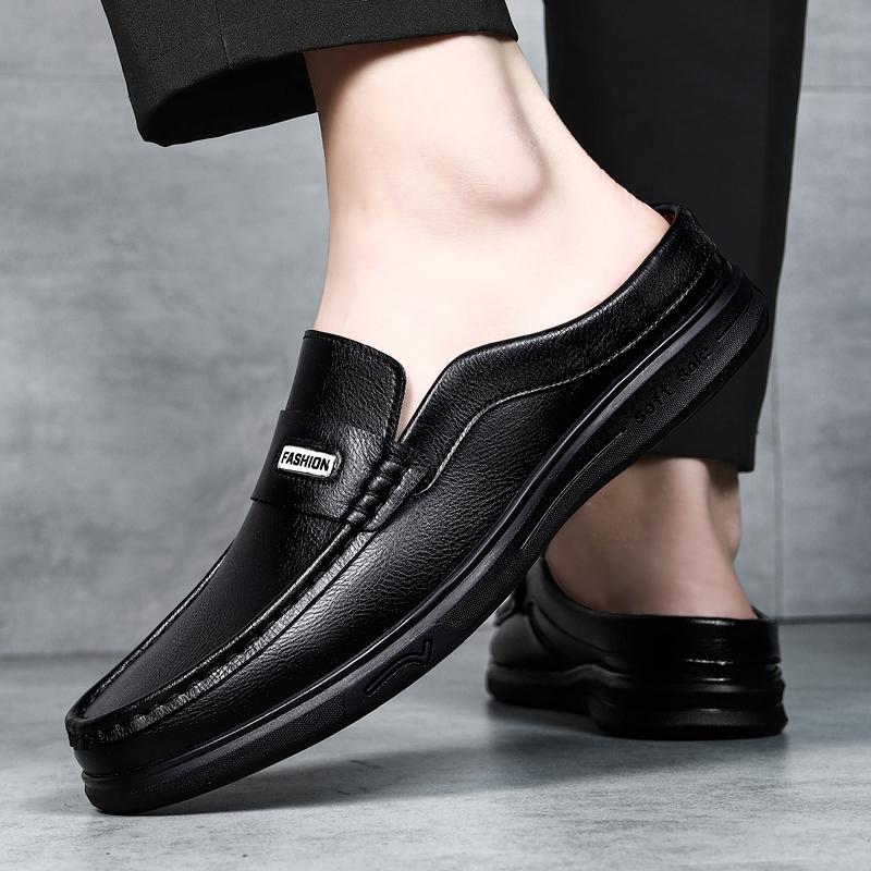 Fashion Breathable Mens Half Slippers Stylish Leathe Male Muller Shoes Loafers Comfy Muller Flats Lazy Shoes Soft Handmade Casual Shoes