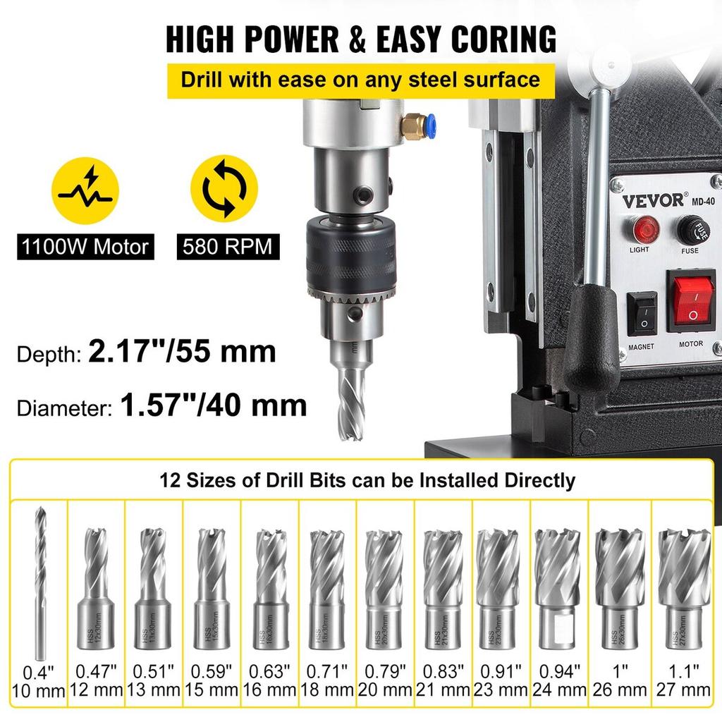 Magnetic Drill, 1100W 1.57" Boring Diameter, 2697lbf/12000N Portable Electric Mag Drill Press with 12 Bits, 580 RPM Max Speed Drilling Machine for Any