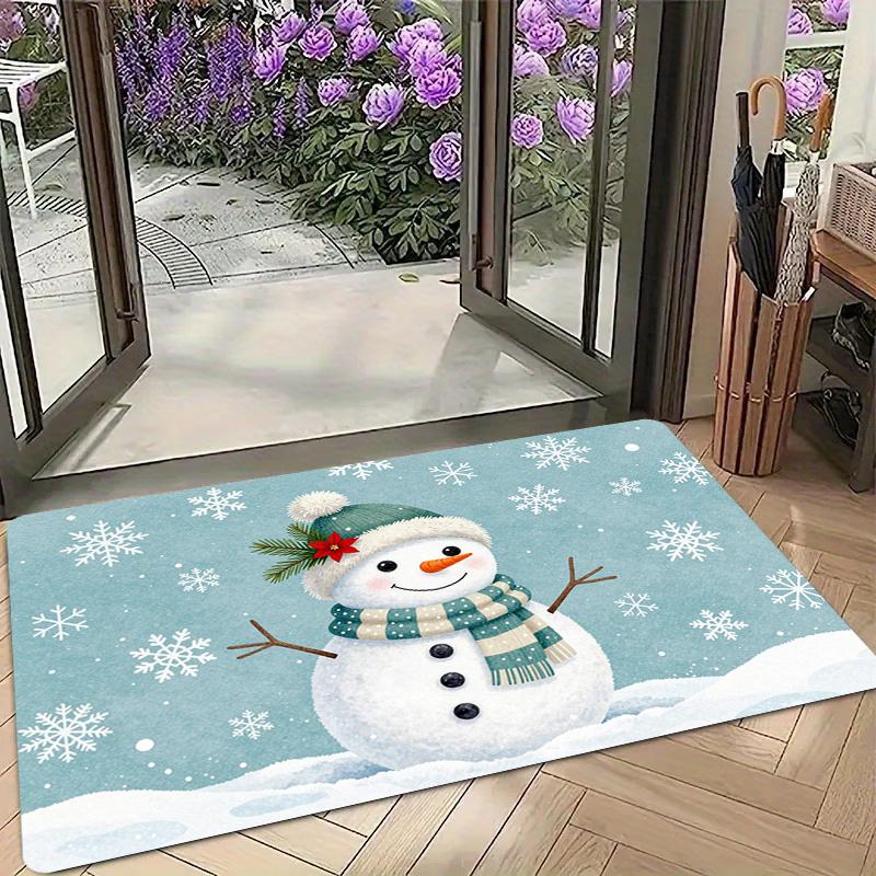Serene Light Gray Snowman Blue Hat Let It Snow Tree Print Durable Washable Floor Mat For Soft Winter Home Indoor Mat