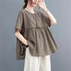 Summer Women  Half Sleeve O-Neck Blouse Women Grid Printed Shirt Pleated Elegnat Work Tops Casual Loose Chemise