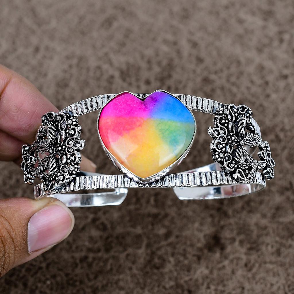 Rainbow Solar Quartz Gemstone 925 Sterling Silver Cuff Bangle Adjustable KKG-1071