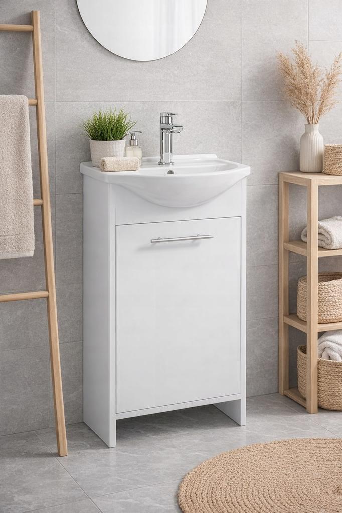 White Bathroom Cabinet with Sink with Extended Chrome Faucet and Siphon 84x45cm Frigo