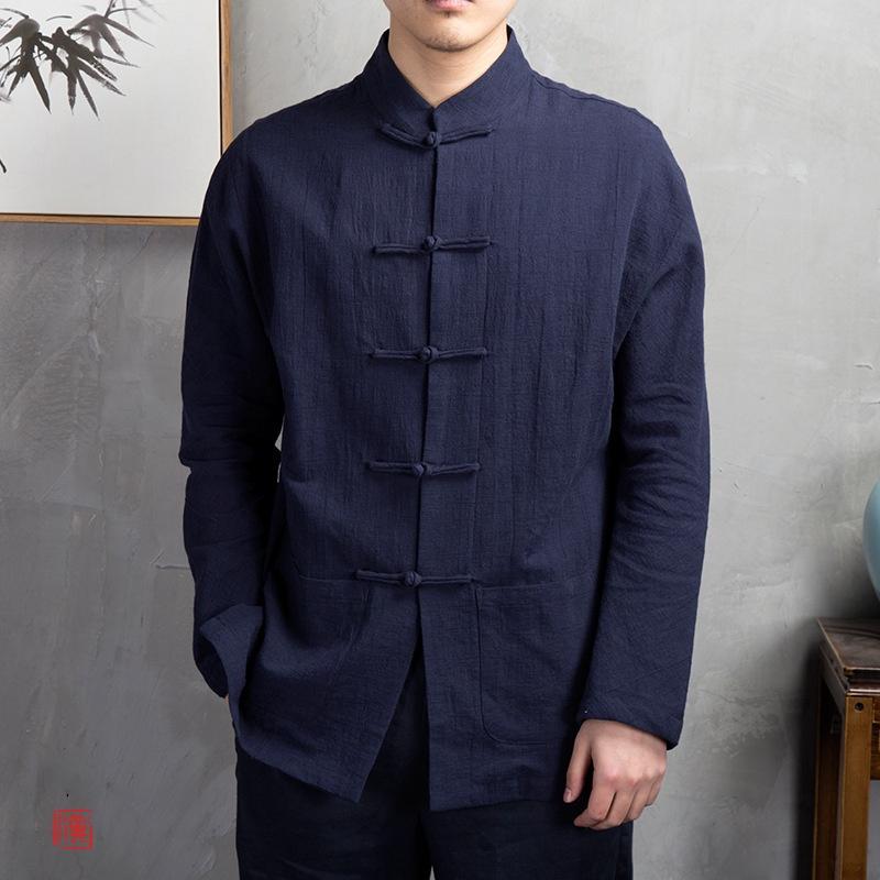 Spring and Autumn Chinese Style Disc Button Linen Shirt Men's Loose Long-sleeved Cotton and Linen Shirt Chinese Men's Retro Style Shirt