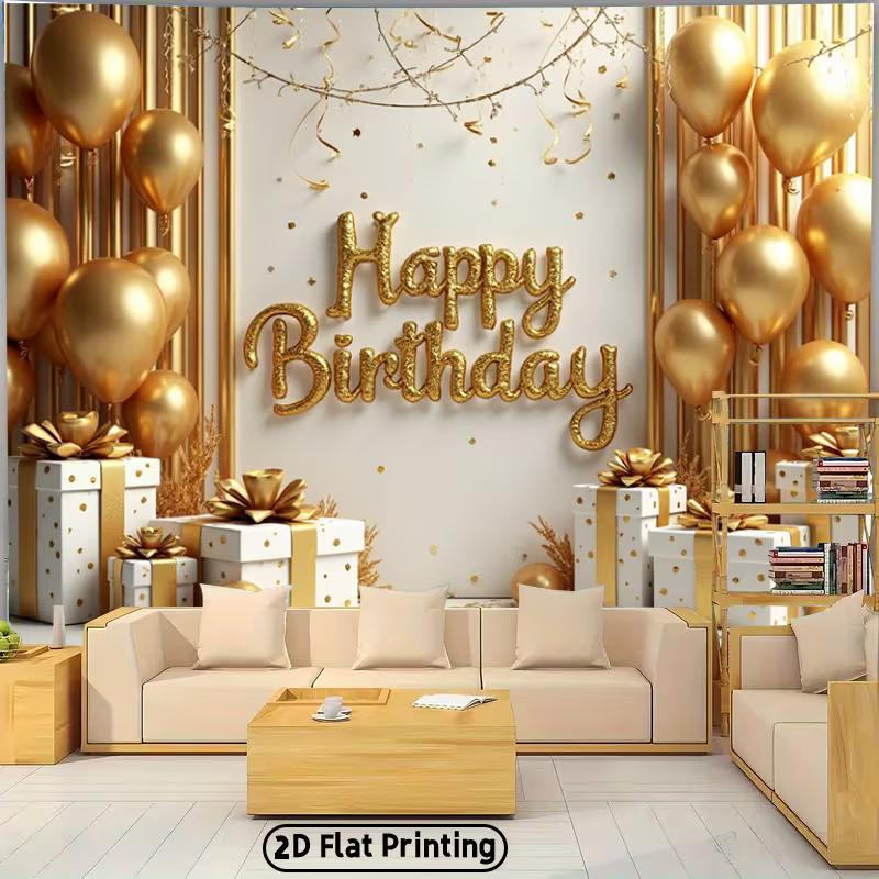 2D Luxury Gold Birthday Backdrop, Glitter Balloon & Gift Background Cloth