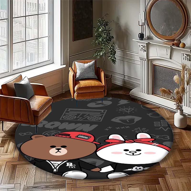 Popular Line Friends Pattern Circular Rug Kids Bedroom Flannel Carpet Playroom Anti-Skid Floor Mat Decor