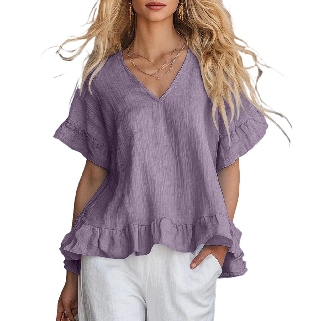 Women's Ruffled V-Neck Shirt Fashionable Casual Short-Sleeved Top