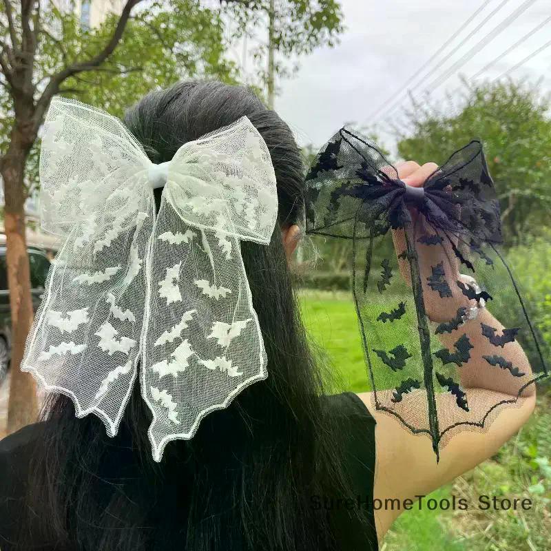 Black Bow Hair Clips Bat Embroidery Lace Tulle Veil Gothic Hairpins Spooky Halloween Cosplay Hair Accessories For Women Girls