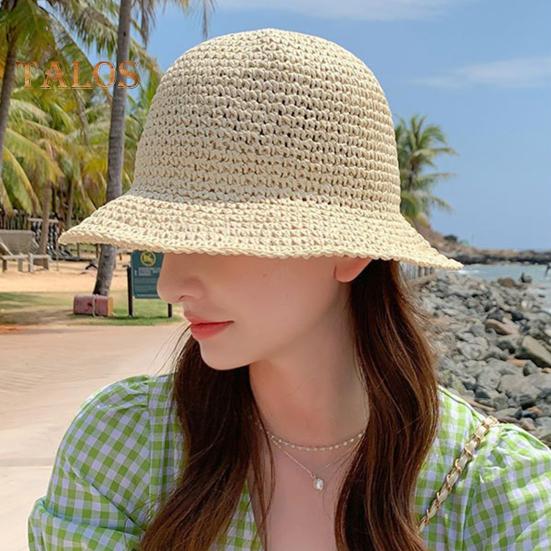Women Sun Hat Solid Color UV Resistant Fisherman Hat Breathable Braided Foldable Straw Hat Outdoor Sun Shading Cap