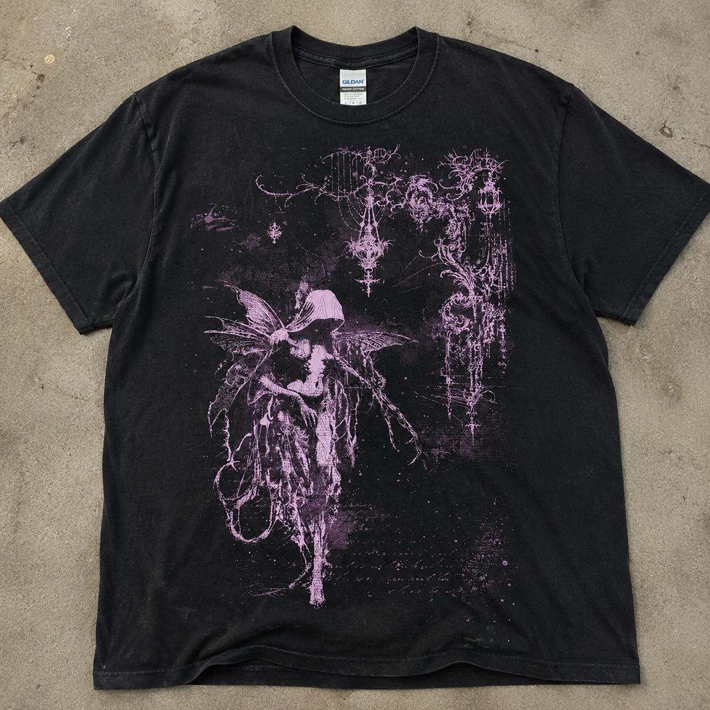 Dunkle Fee Grunge Ästhetik Lila Grafik T-Shirt Witchcore Abstraktes Hemd