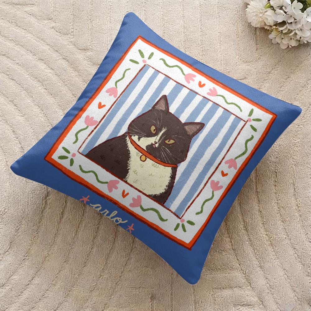 Cute Caroon Cat Portrait Cushion Cover Silky Short Plush Invisible Zipper Dustproof Sofa Pillow Case For Home Decor