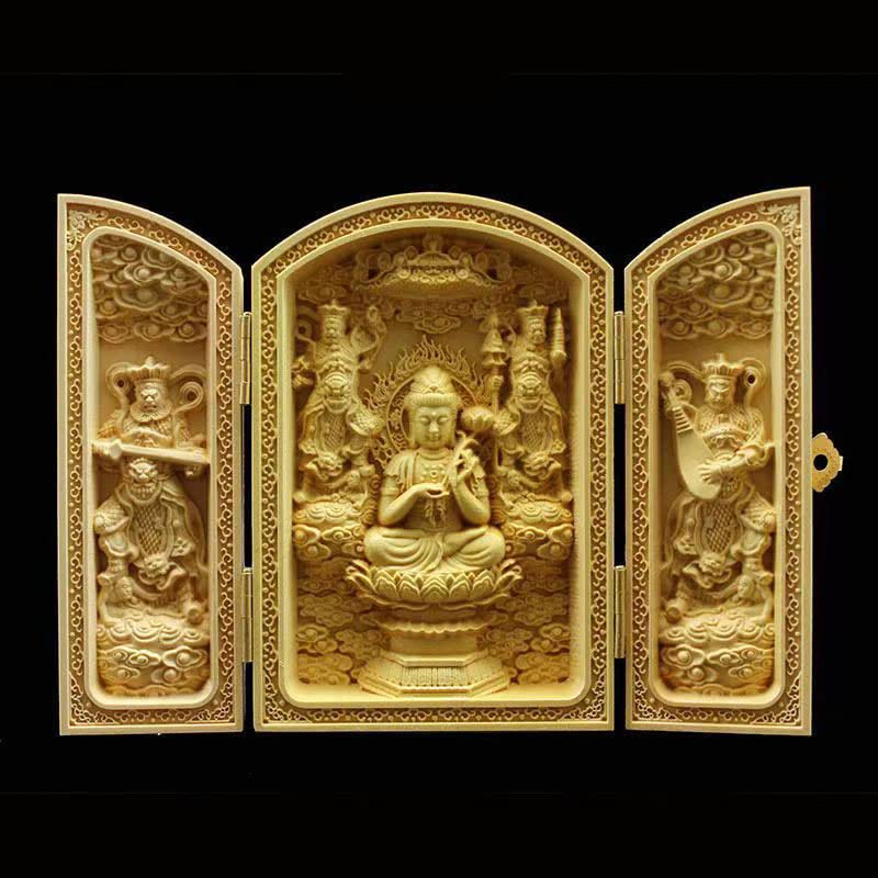 Wooden Buddha Statue "Sankaibutsu" (Bodhisattva Seishi) - Zodiac Amulet for the Year of the Horse. Carved from Boxwood. Good luck charm, protective de