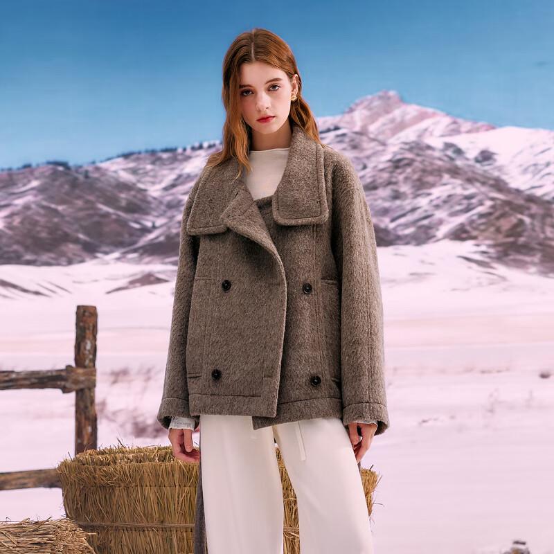 Sancai Women's Lamb Wool Blend Double-Breasted Winter Coat