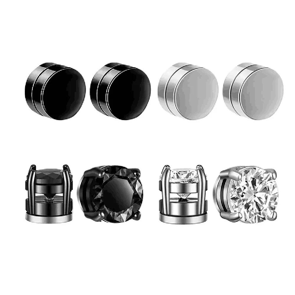 1 Pairs of Men's Fashionable Ear Hole Free Magnet Zircon Stainless Steel False Earring Set Unisex Non Piercing Clip Earrings