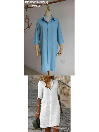Loose Lapel Button Mid-Sleeve Solid Color Cotton Linen Shirt Dress