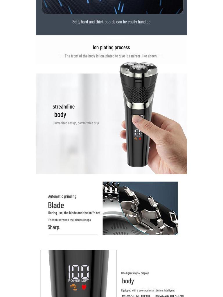 Fanke Men's Three-Blade Electric Rotary Shaver, Fully Washable