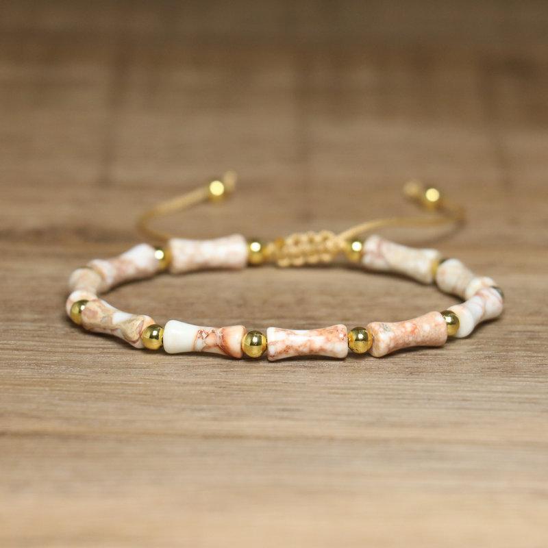 Bracciale con Perle di Bambù in Avventurina Verde – Accento Dorato Regolabile Gioiello Delicato, Regalo Fortuna Prosperità per Donne