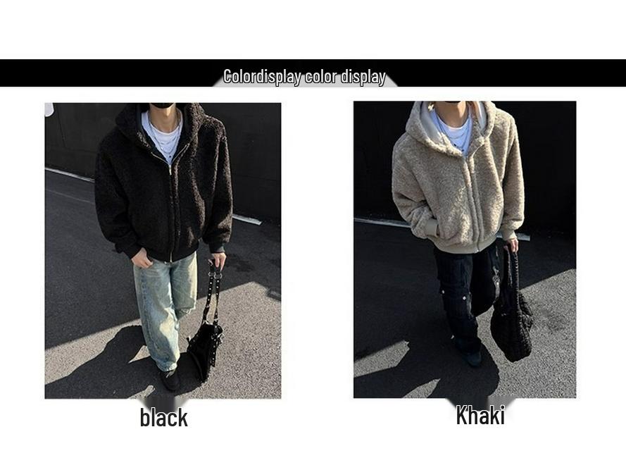Men's American Retro Lambswool Coat - Winter Hooded Fur Cardigan with Velvet Lining