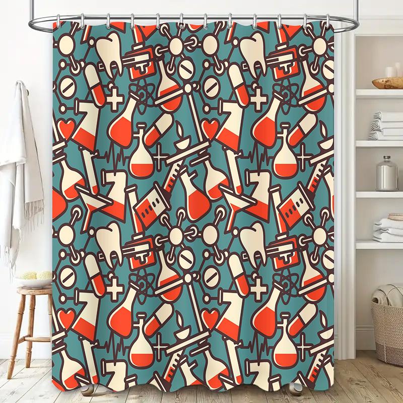 Medical Pattern Shower Curtain Blue and Red Science Lab Print Bath Room Decor for Kids and Adults Waterproof Fabric Shower Curta