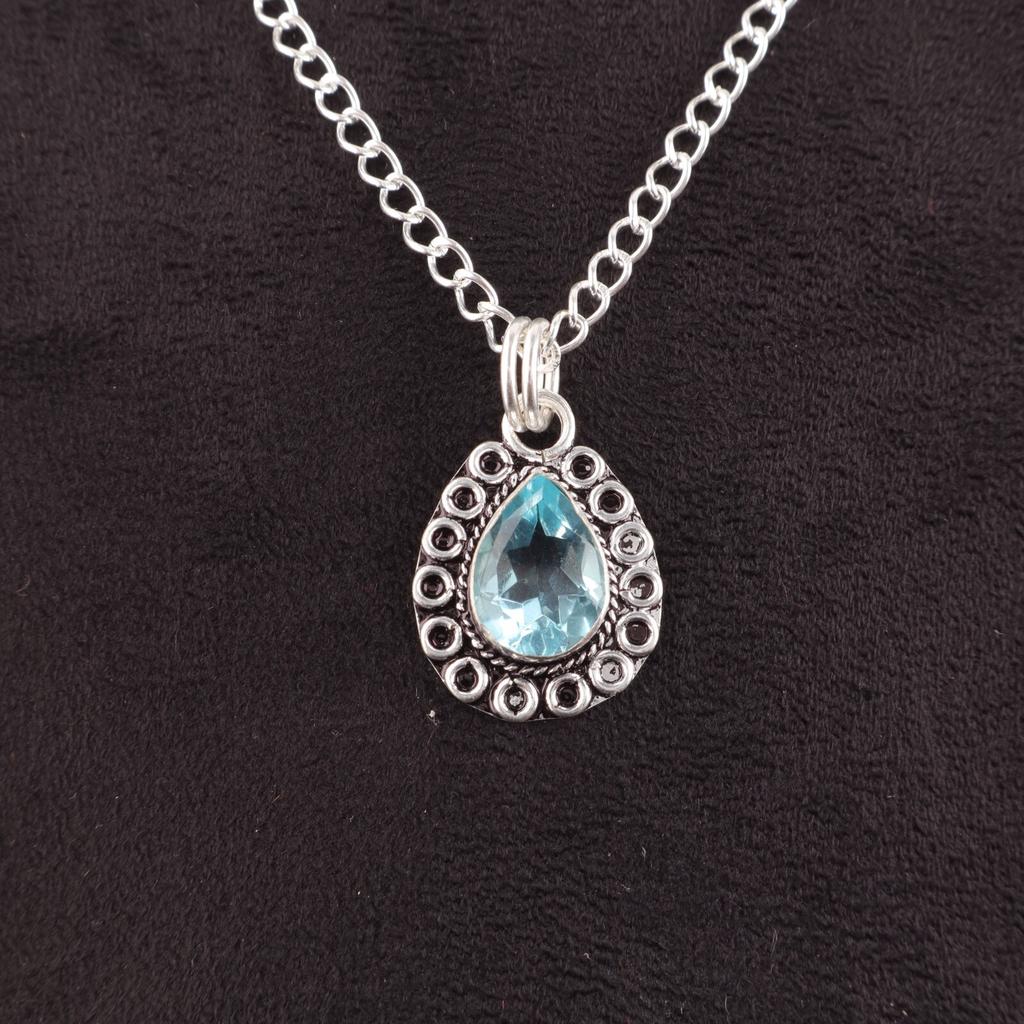 Friendship Day Deal Pear Natural Sky Blue Topaz Sisters Gift Pendant 925 Silver PP-26-3