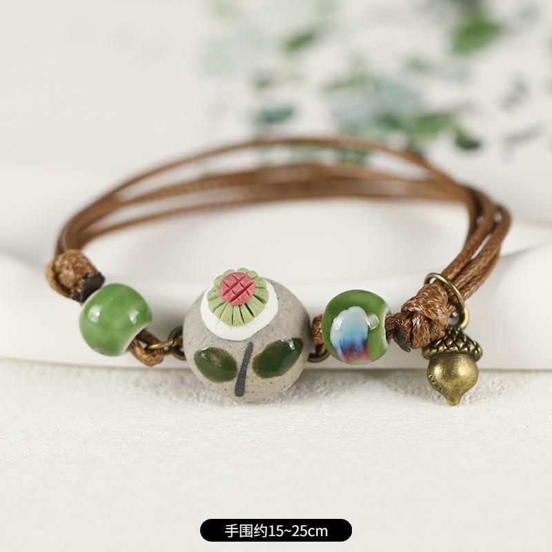 Retro ceramic flower woven bracelet niche literary hand rope small fresh bell bracelet female