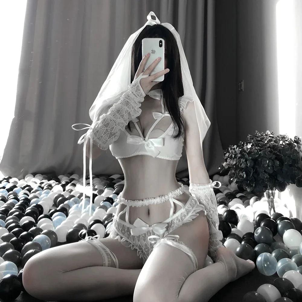 Women Sexy Cosplay Lingerie Bride Wedding Dress Costume Uniform Crop Tops with Panties Headband Gloves Panties 5 PCS Sets