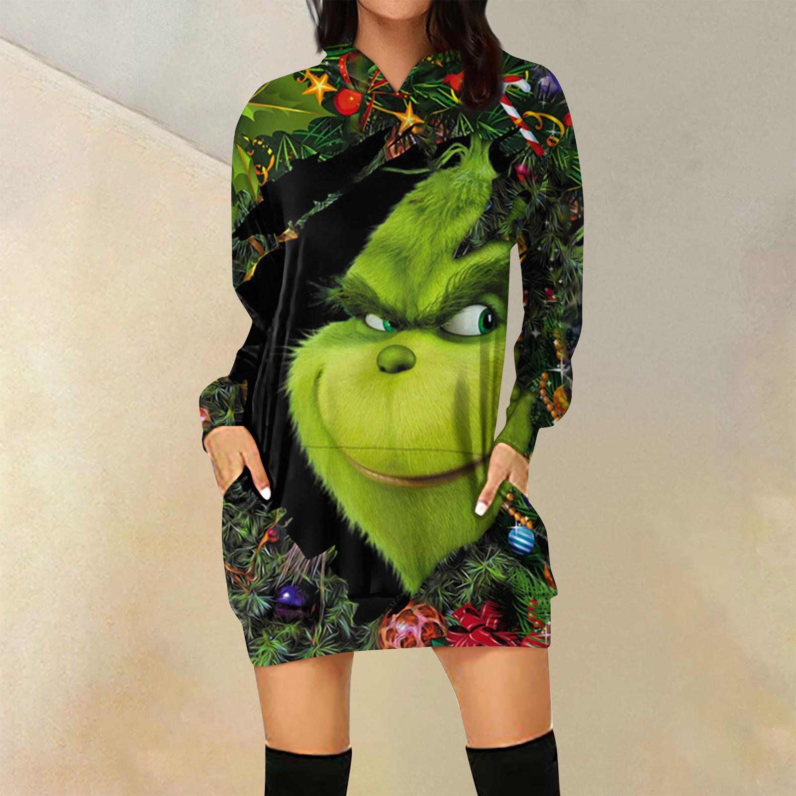 

Женская свободная повседневная толстовка с капюшоном и карманом с длинными рукавами с рождественским принтом, длинный топ S армия зеленый