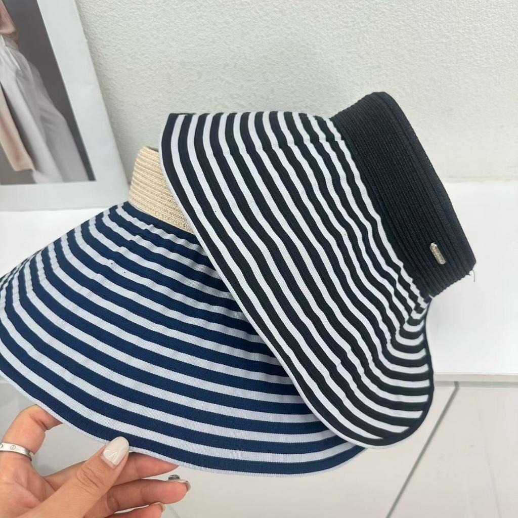 Striped grass-woven empty hat, spring/summer outdoor sun hat, women's European and American wraparound wide-brim sun protection hat
