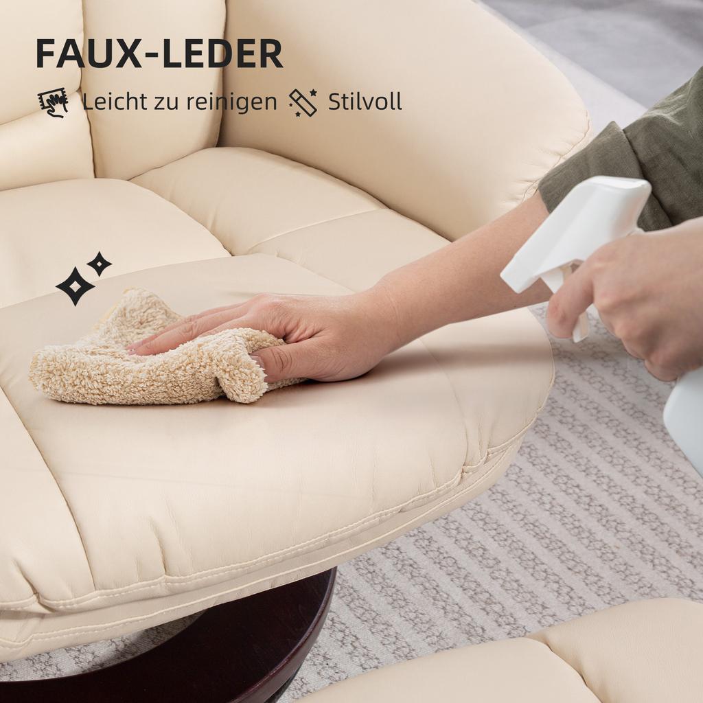 Recliner Chair with Footstool, Adjustable Chair, Faux Leather Cover, Upholstered Chair with Foldable Backrest, Cream White