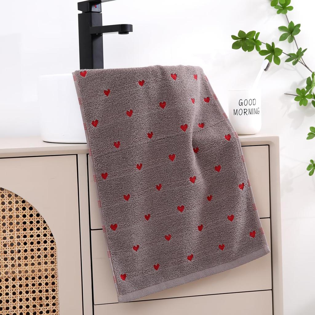 Cute Heart-patterned Face Towels, 100% Cotton, Towel Set, Gentle On Skin, Fast Absorbency, Fluffy, Soft, Fade-resistant, Minimal Lint (heart Pattern,
