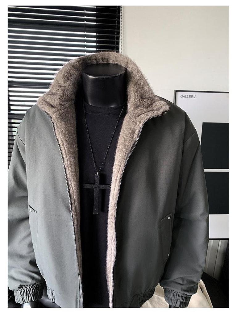 Men's Two-Sided Silver Blue Fox-Cotton Jacket with Fishbone Pattern - Thickened, Plus Velvet for Winter Warmth