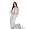 Pajamas Women's Ice Silk Autumn and Winter New Suspender Cardigan Three-piece Set Polka Dot Lace Hollowed Out Pure Princess Style Loungewear