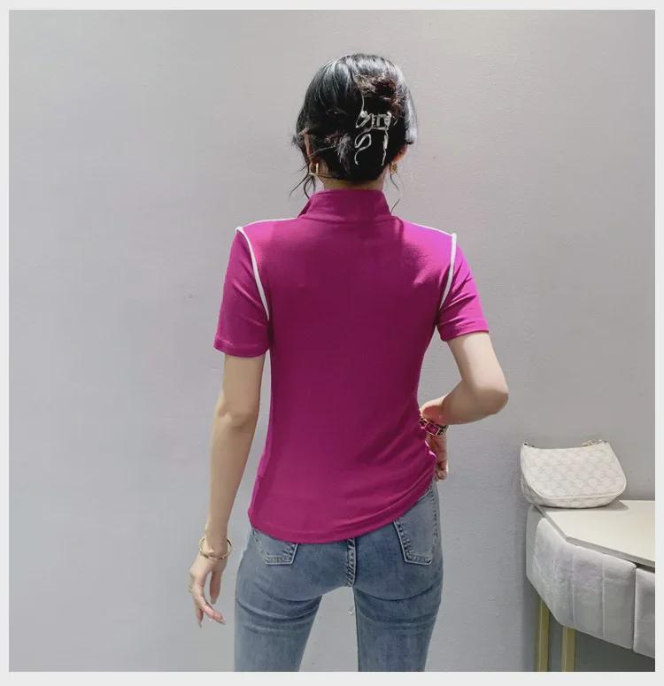 Tricou European pentru Femei cu Guler Ridicat și Fermoar la Jumătate, Design de Vară 2023, Top Versatil cu Mânecă Scurtă