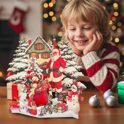 Christmas Pop Up Card 3D Snow House Forest Reindeer Santa Claus Laser Cut Premium Paper Greeting Card for Holiday Party Gift