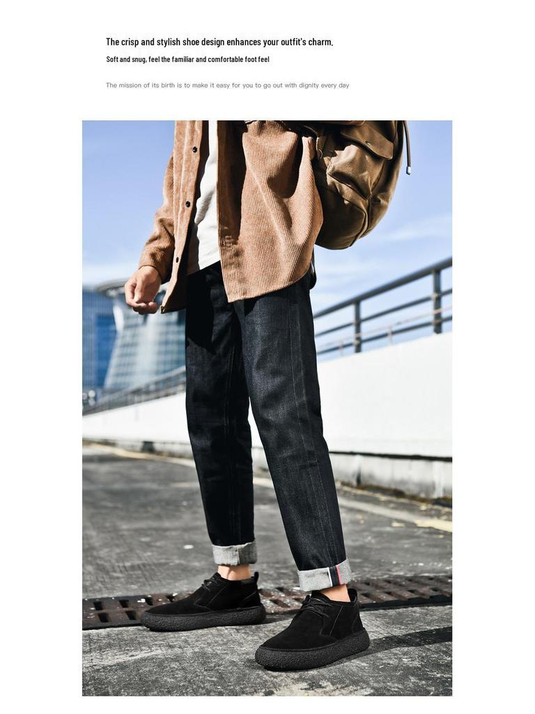 Semišové Hedvábné Retro Pánské Polobotky - Ležérní Kožené Boty se Silnou Podrážkou