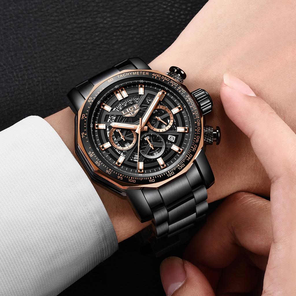 LIGE Fashion Luxury Quartz Man Watch Hollow Business Casual Stainless Steel Clock Waterproof Luminous Men's Watches Reloj Hombre